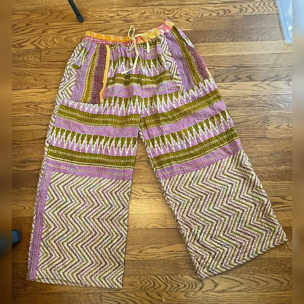 Kantha Patchwork Pants • Reversible Vintage Sari • Boho Wide Leg • OSFM - Picture 2 of 8
